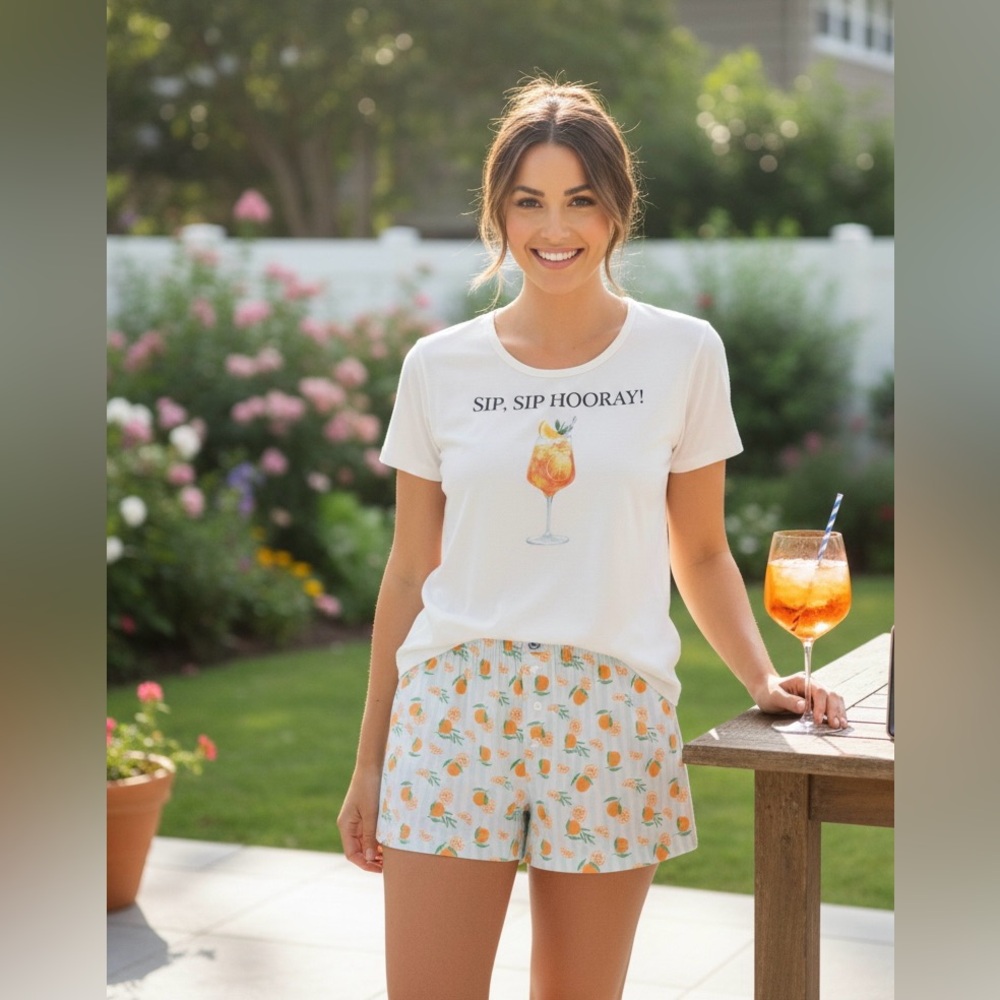 Better Together "Sip Sip Hooray" 2-Piece Short Pajama Set  M Aperol Spritz Print